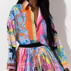 2021 Women Fashion Print Pleated Skirt 2 Piece Set Long-Sleeve Shirt+Pleated Ski